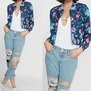 Express Blue Floral Crop Bomber Jacket